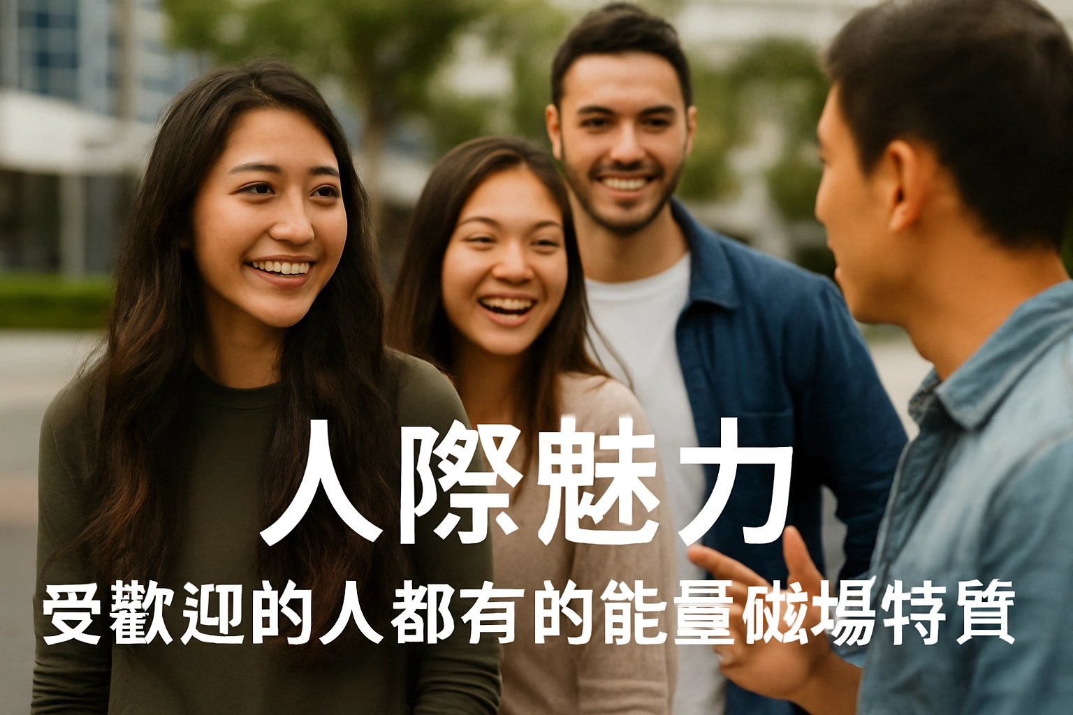 笑得很燦爛的兩男兩女在一起有說有笑的交流