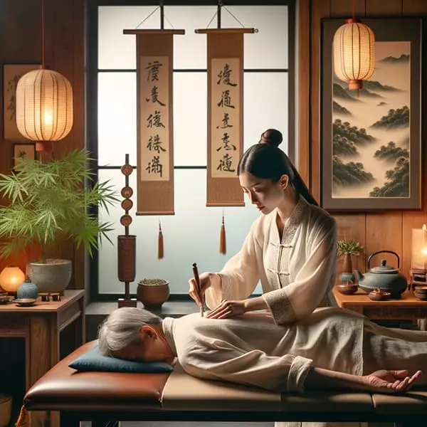 一名穿著古裝的女子正在幫趴著的長者進行艾灸