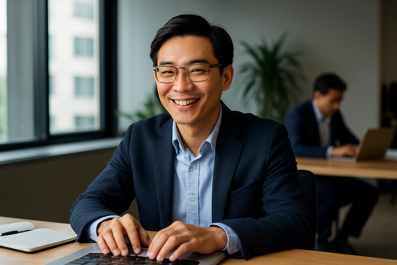 雙手放在筆電上打字且充滿精深神采奕奕的男性主管