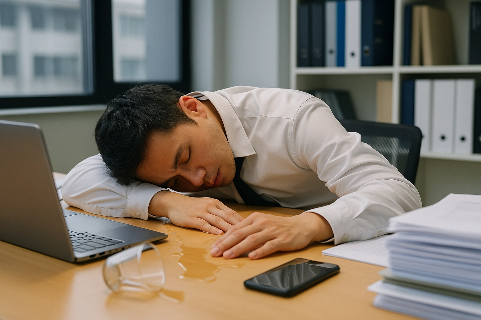 一個男性上班族累趴在辦公桌面上的同時打翻了一杯水