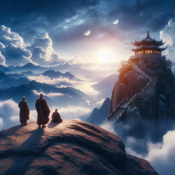 三個修行者在山頂上望著對面的山頭