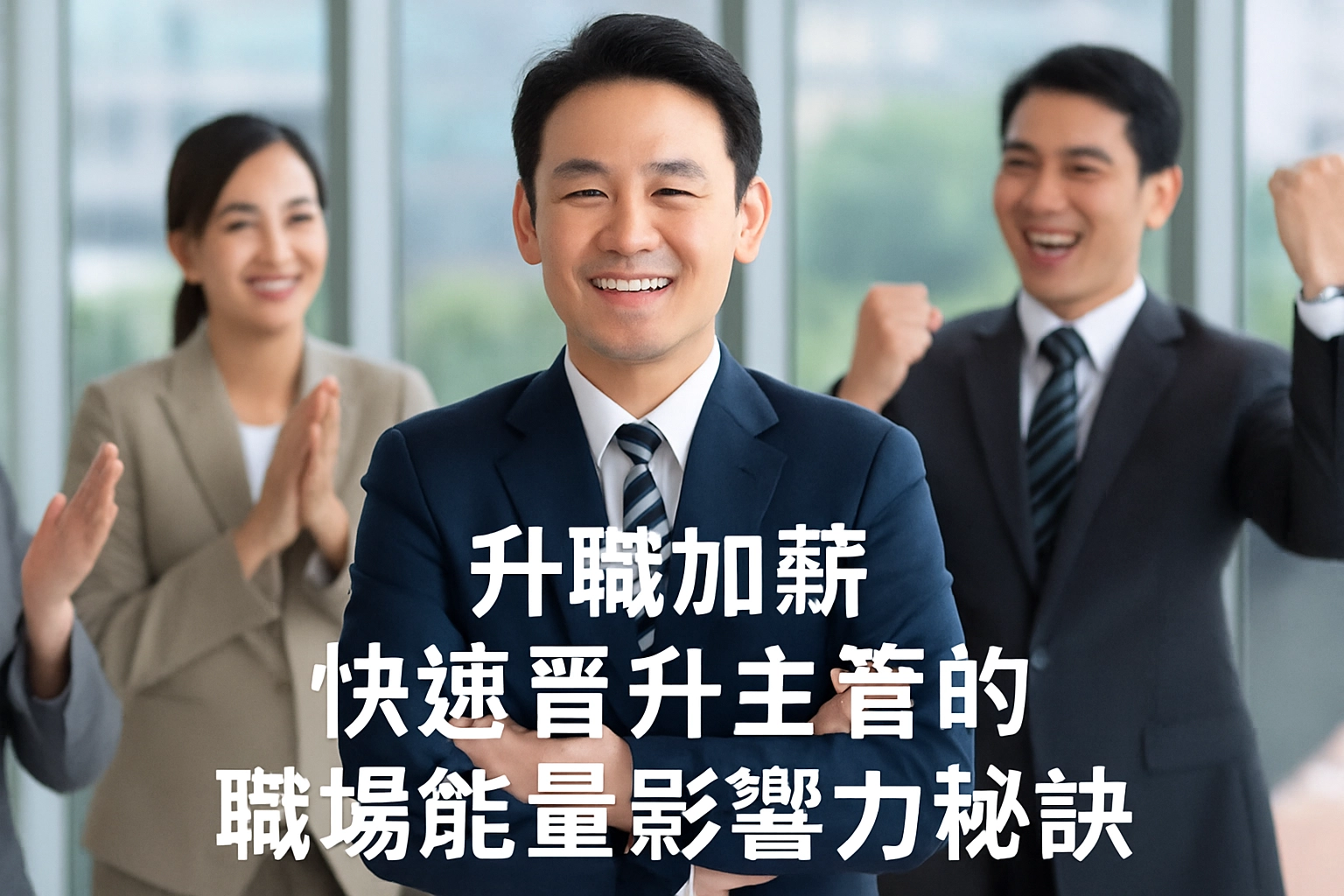 同事們圍繞在剛升主管的中年男性身旁歡笑鼓掌