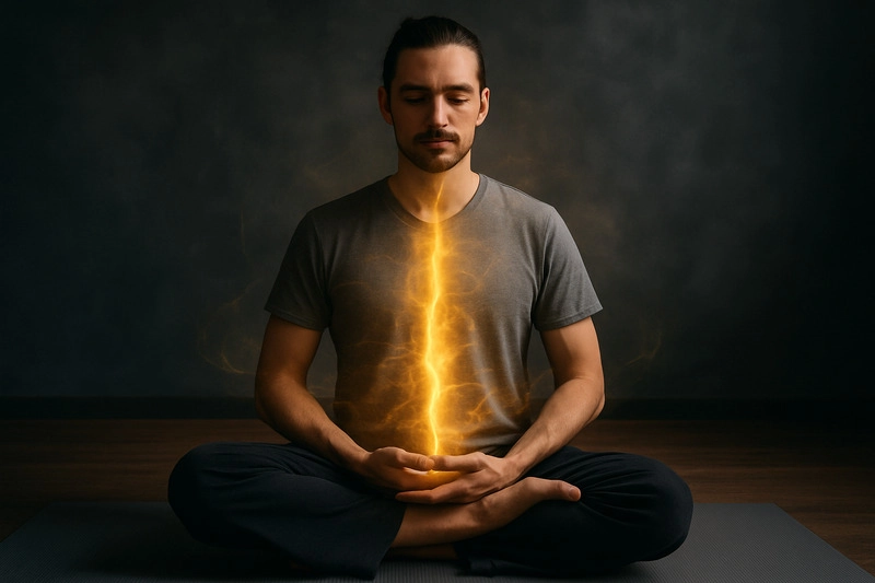 一個穿著灰色短袖T恤黑色長褲臉上留著鬍鬚正在打坐的外國男子身體中線泛著金色流動的能量