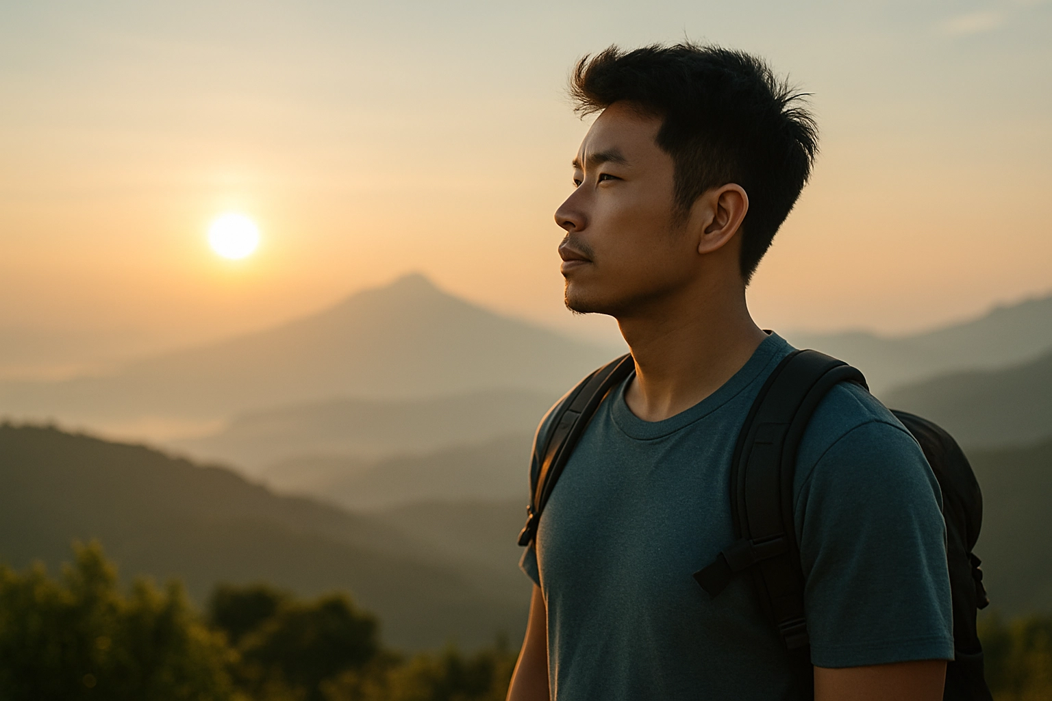 在日出之際站在山頂上對人生未來目標感到清晰可期的中年男性