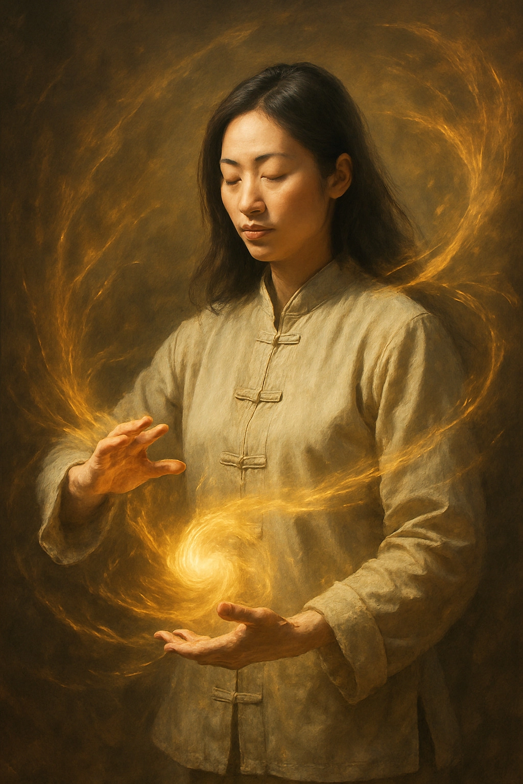 一個正在閉目運氣且手中能量正在流動的女生