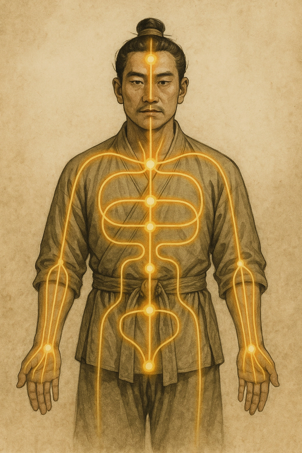 一張古代男子像是經絡能量流動的圖